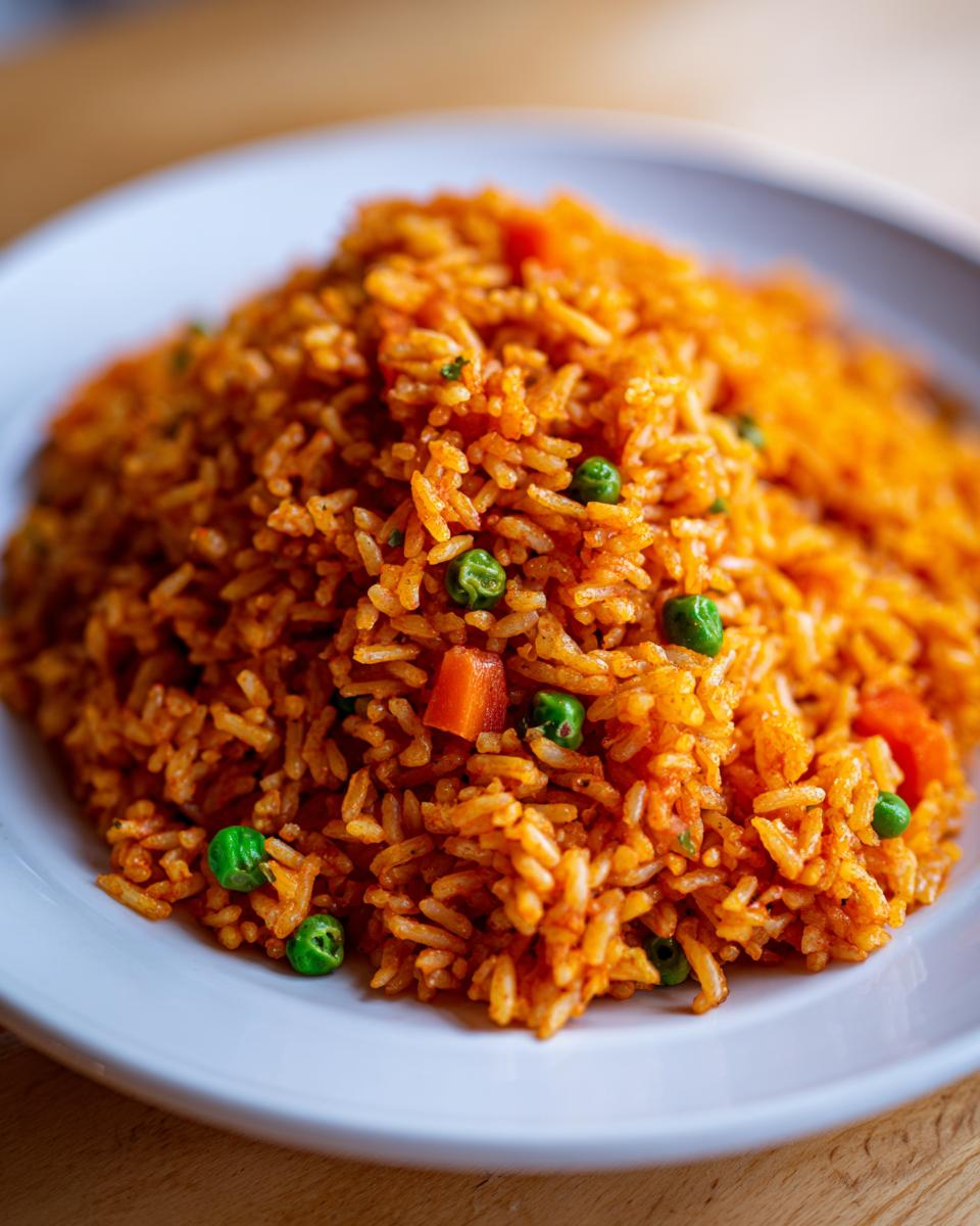Close-up of a mound of vibrant orange Spanish rice mixed with green peas and diced carrots on a white plate.