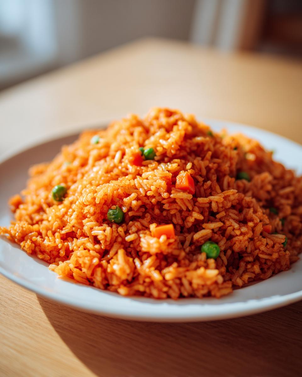 A close-up of a mound of vibrant, orange-red spanish rice mixed with bright green peas and diced carrots on a white plate.