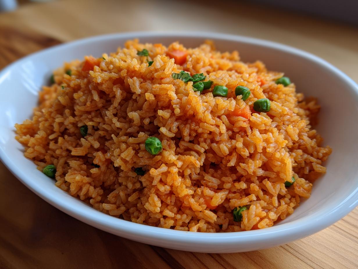 Close-up of fluffy, orange-colored spanish rice mixed with bright green peas and diced carrots in a white serving bowl.