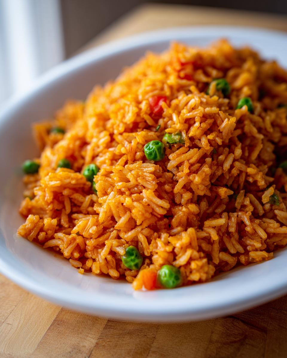 A close-up of a generous serving of vibrant orange spanish rice mixed with bright green peas in a white bowl.