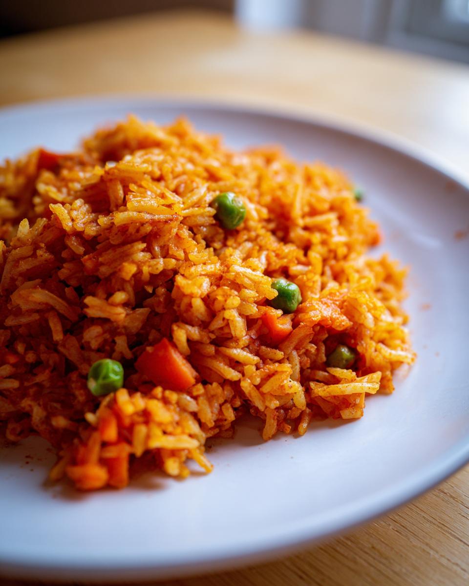 Close-up of a serving of bright orange Spanish rice mixed with green peas and diced carrots on a white plate.