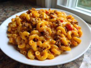A close-up serving of creamy, cheesy taco pasta mixed with ground beef and tomatoes on a white plate.
