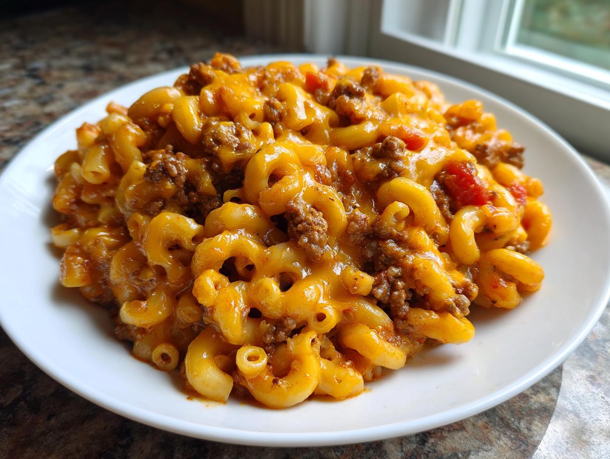 A close-up serving of creamy, cheesy taco pasta mixed with ground beef and tomatoes on a white plate.