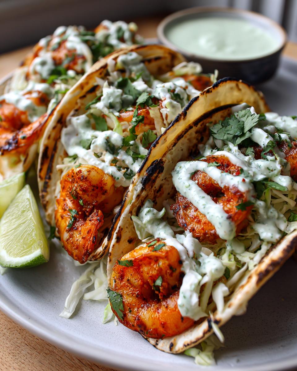 Three grilled shrimp taco shells filled with seasoned shrimp, cabbage slaw, cilantro, and drizzled with a light green creamy sauce.