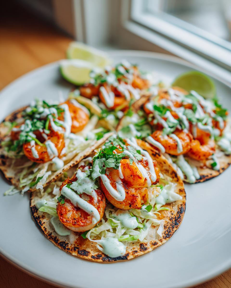 Four delicious shrimp taco servings on a white plate, topped with seasoned shrimp, cabbage slaw, cilantro, and a creamy sauce.
