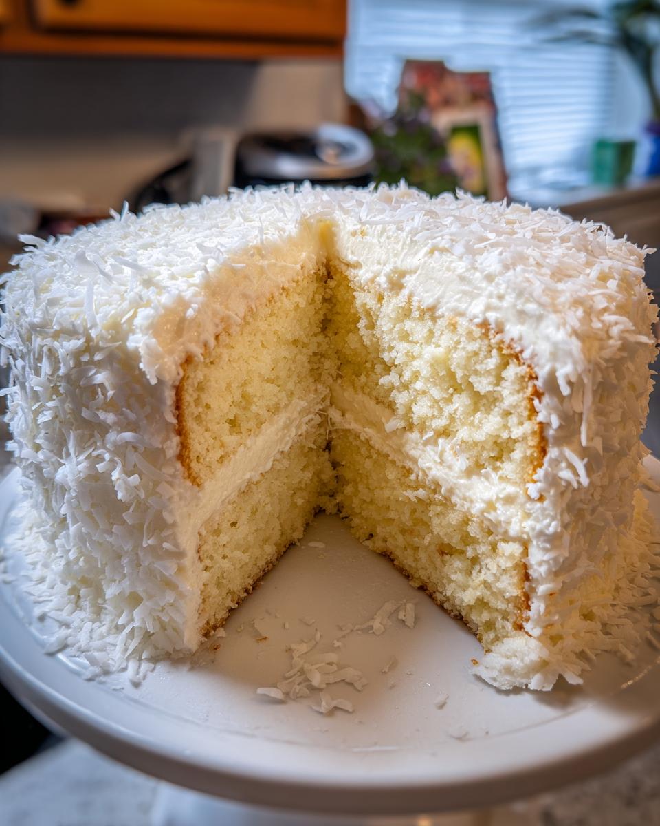 A moist, two-layer coconut cake with white frosting and shredded coconut, showing a slice removed.