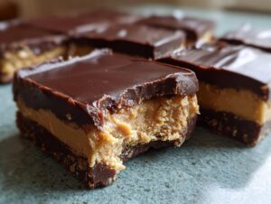 A close-up shot of a decadent peanut butter bars square with a bite taken out, showing the three layers: chocolate base, creamy peanut butter filling, and chocolate topping.