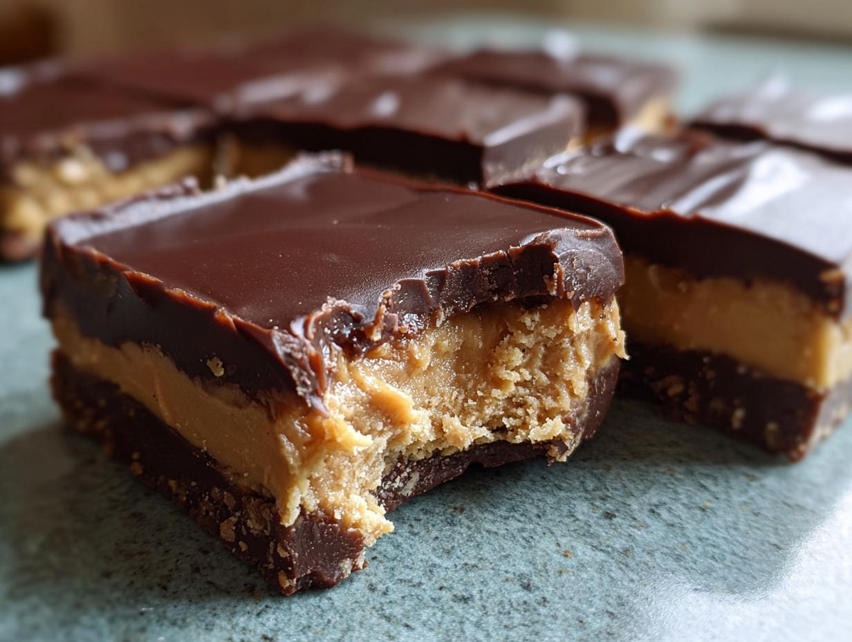 A close-up shot of a decadent peanut butter bars square with a bite taken out, showing the three layers: chocolate base, creamy peanut butter filling, and chocolate topping.