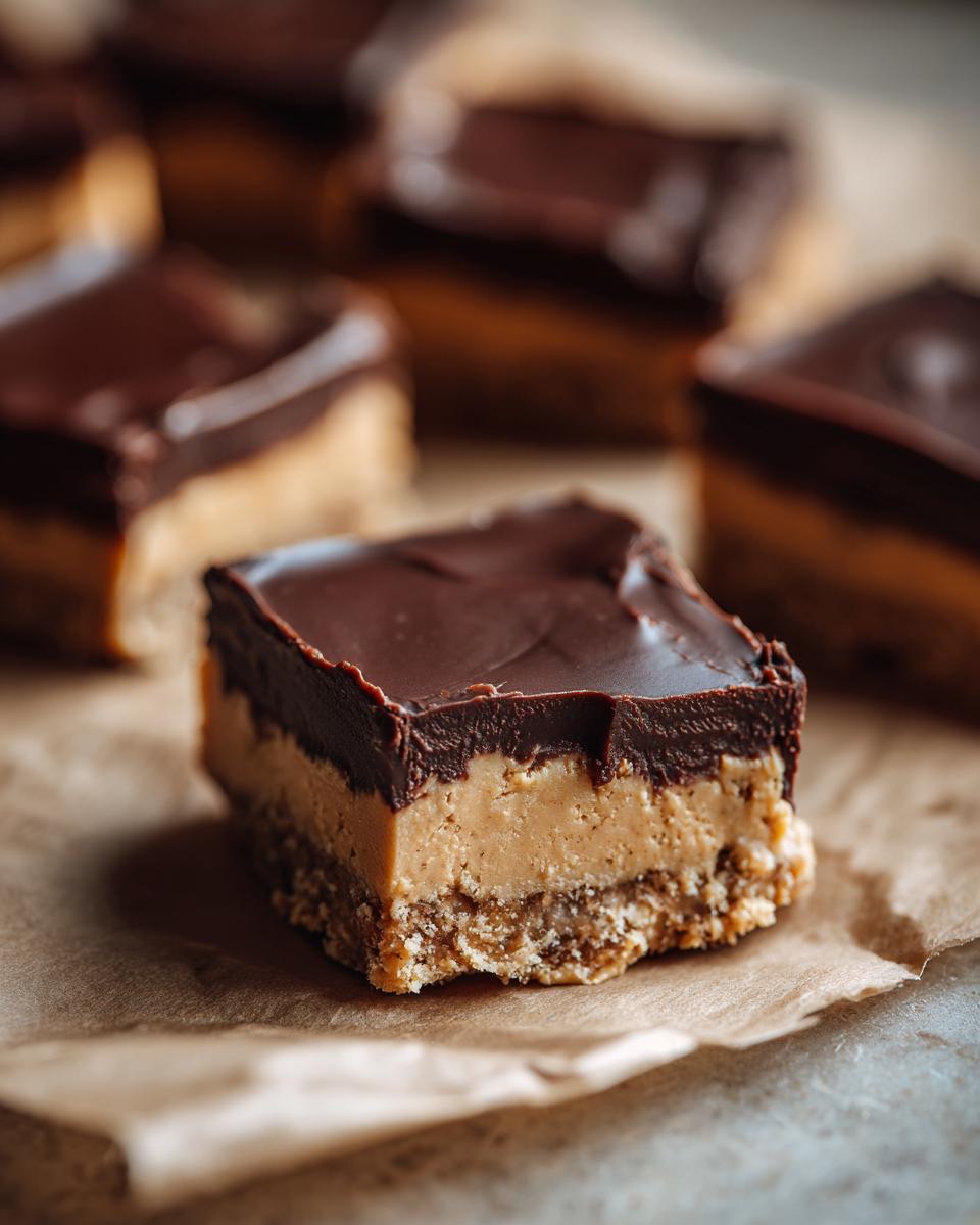 A single, decadent square of peanut butter bars with a thick peanut butter layer and chocolate topping, resting on parchment paper.