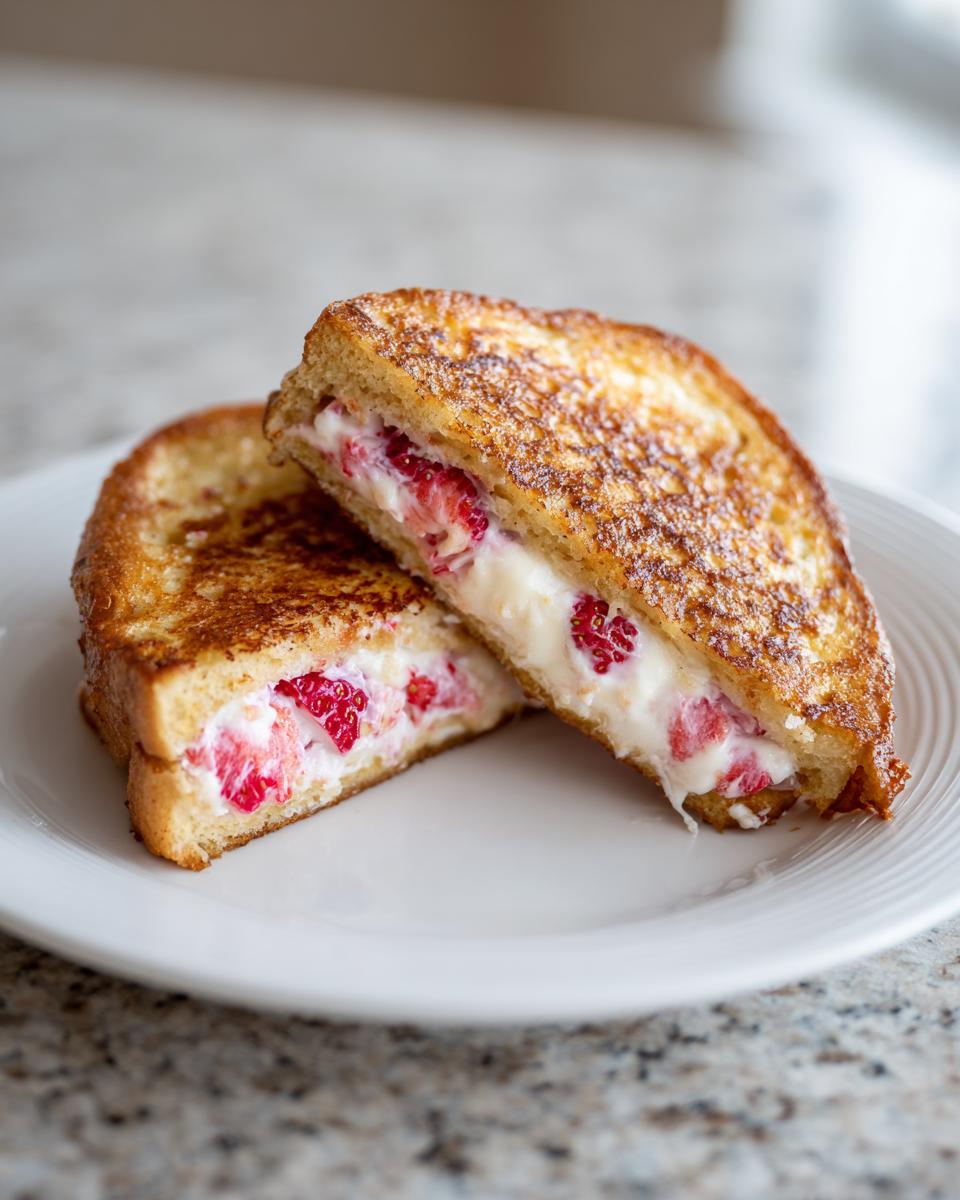 Two halves of golden brown stuffed french toast filled with creamy cheese and fresh strawberries.