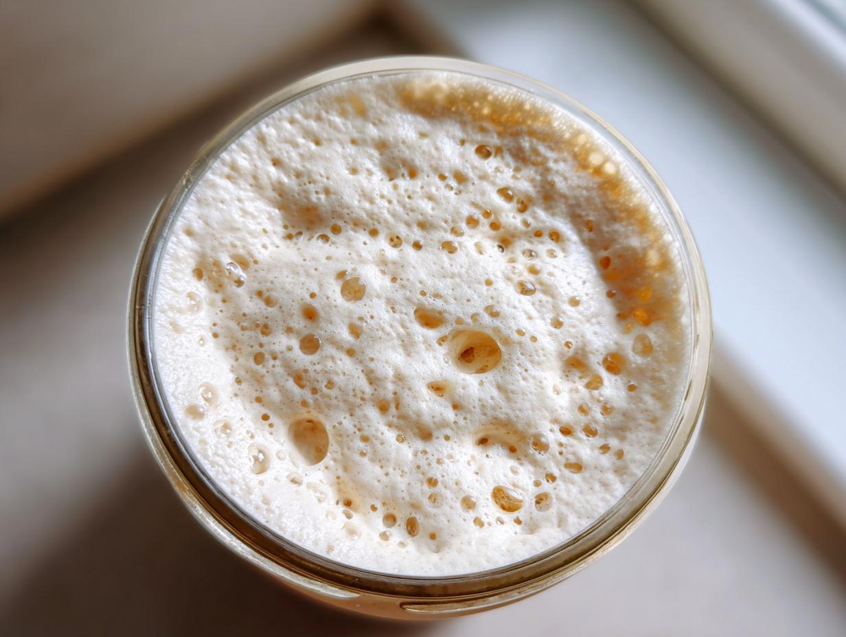 Overhead view of a highly active sourdough starter showing lots of foam and bubbles in a glass jar.