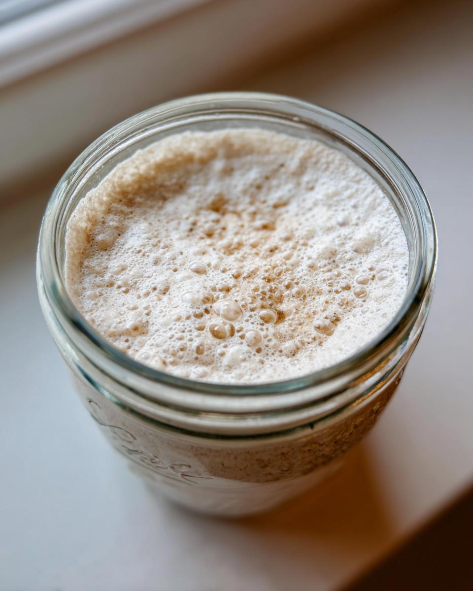 Close-up overhead view of an active sourdough starter showing a thick layer of bubbles and foam in a glass jar.