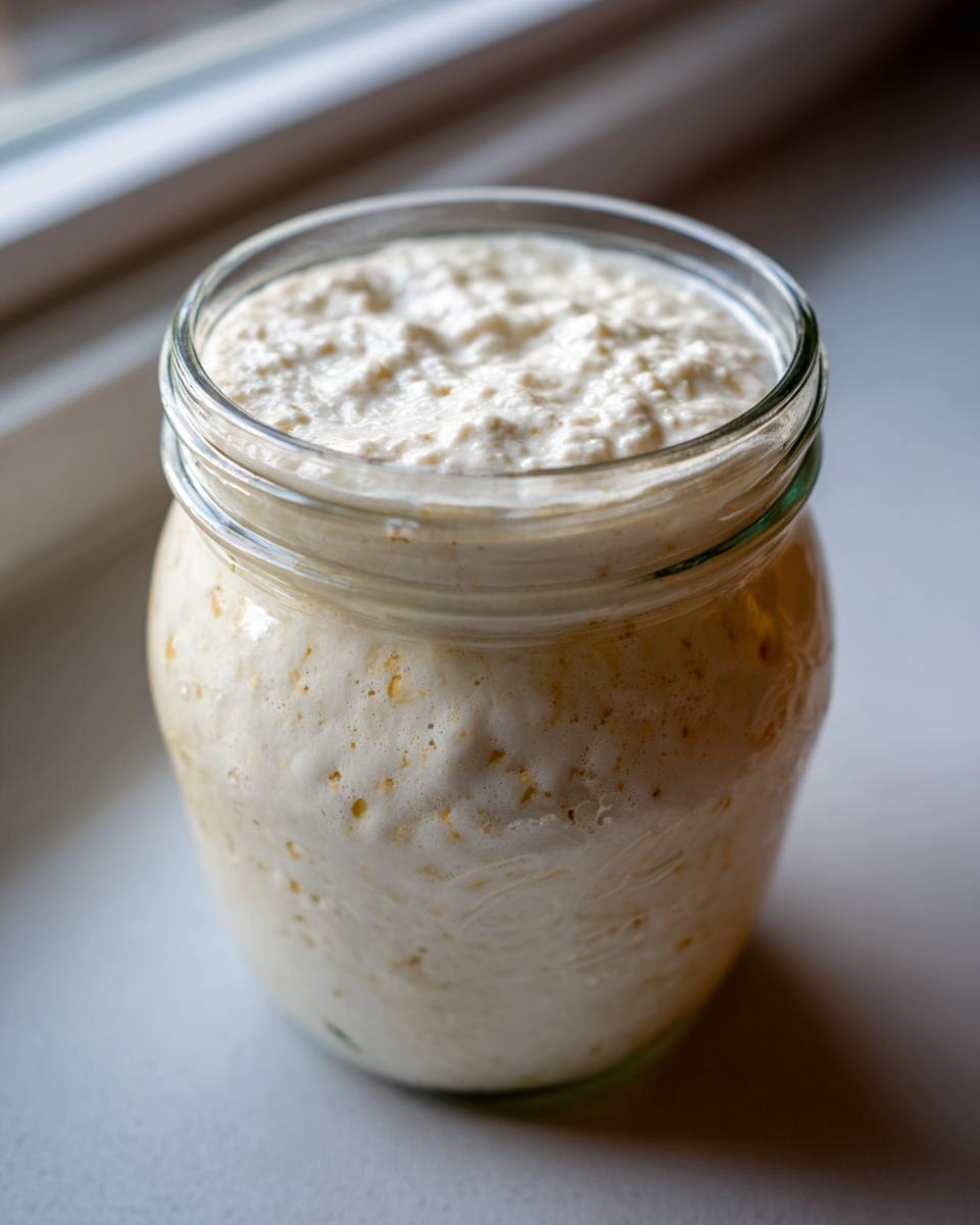 A close-up of a very active, bubbly sourdough starter filling a glass jar, showing significant rise.
