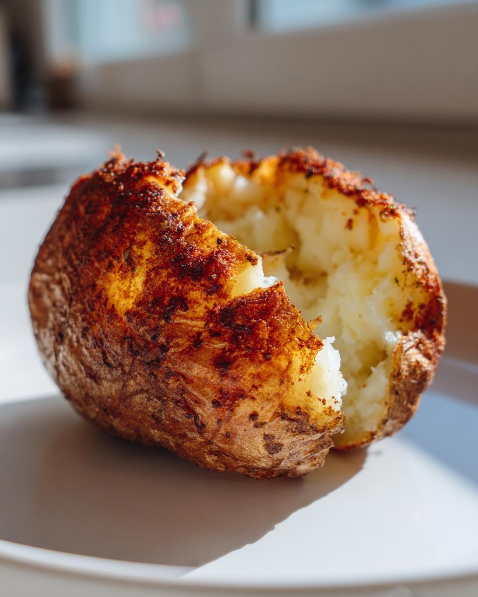 A perfectly cooked air fryer baked potato with a crispy, seasoned skin and fluffy white interior, resting on a plate.