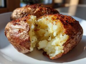 Close-up of a perfectly cooked air fryer baked potato, split open to show fluffy interior and crispy seasoned skin.