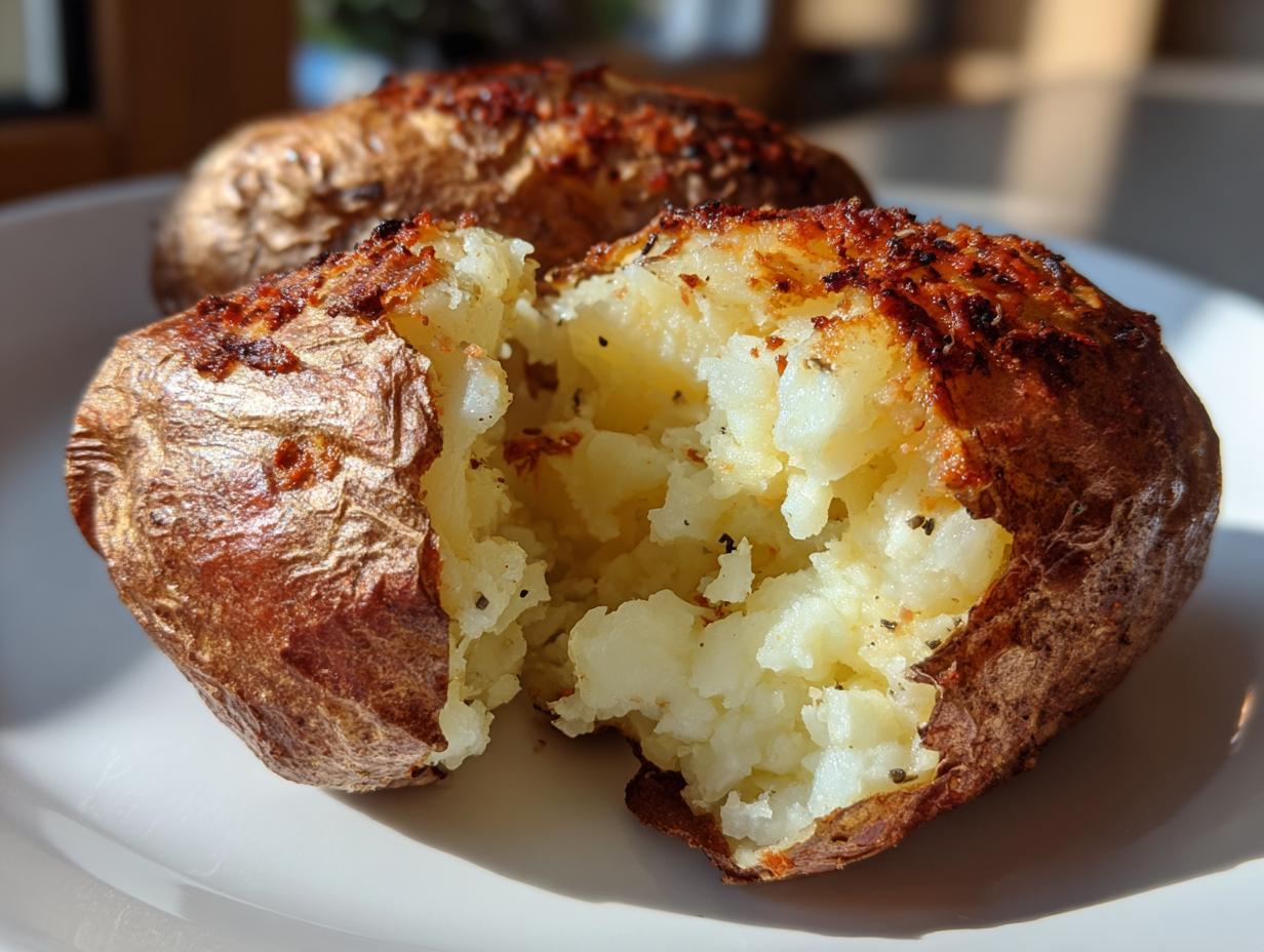 Close-up of a perfectly cooked air fryer baked potato, split open to show fluffy interior and crispy seasoned skin.