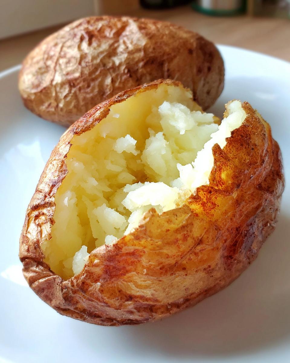 Close-up of a perfectly cooked air fryer baked potato, split open to show fluffy, steaming interior.