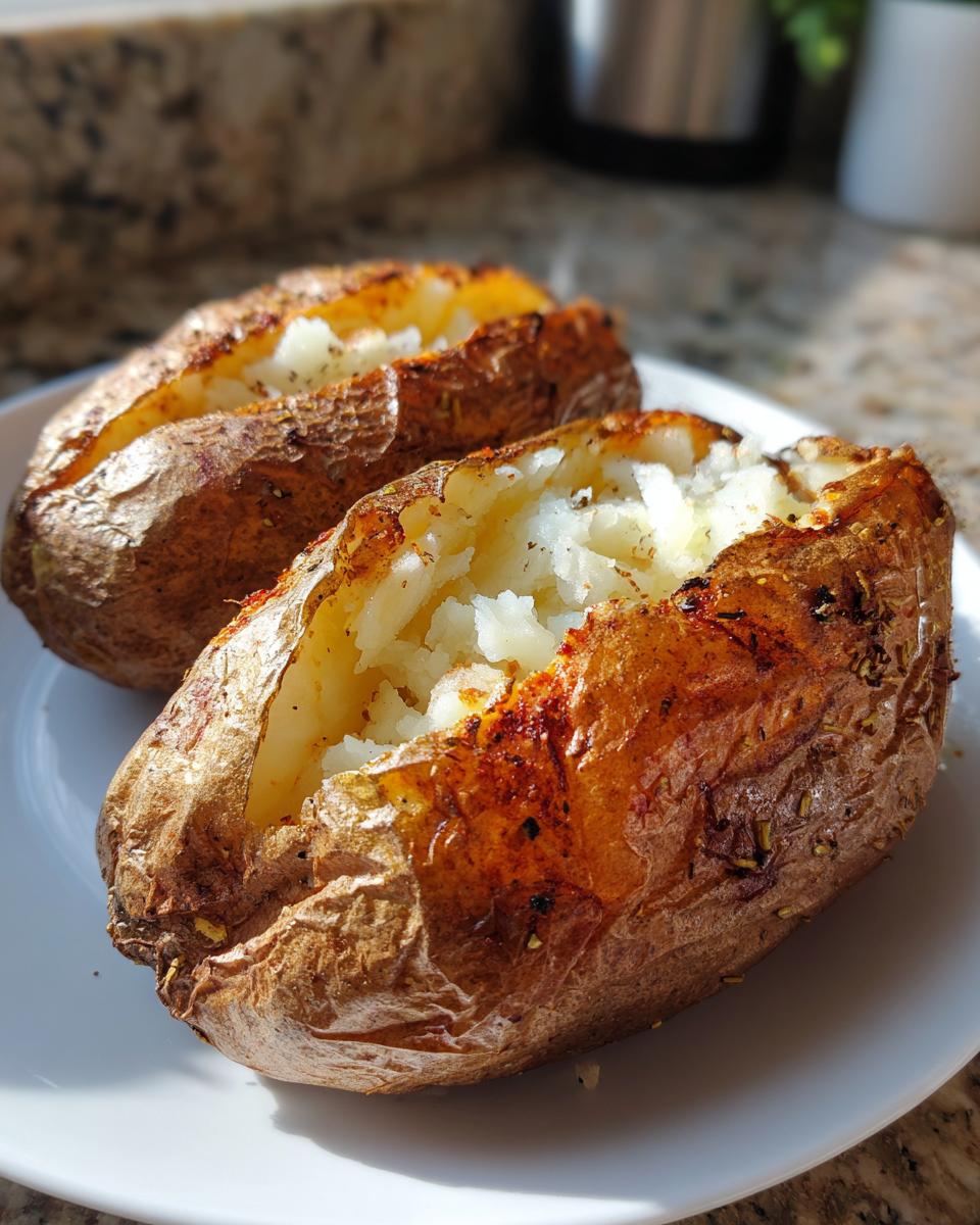 Two perfectly cooked air fryer baked potato halves, split open to show fluffy insides, seasoned on a white plate.