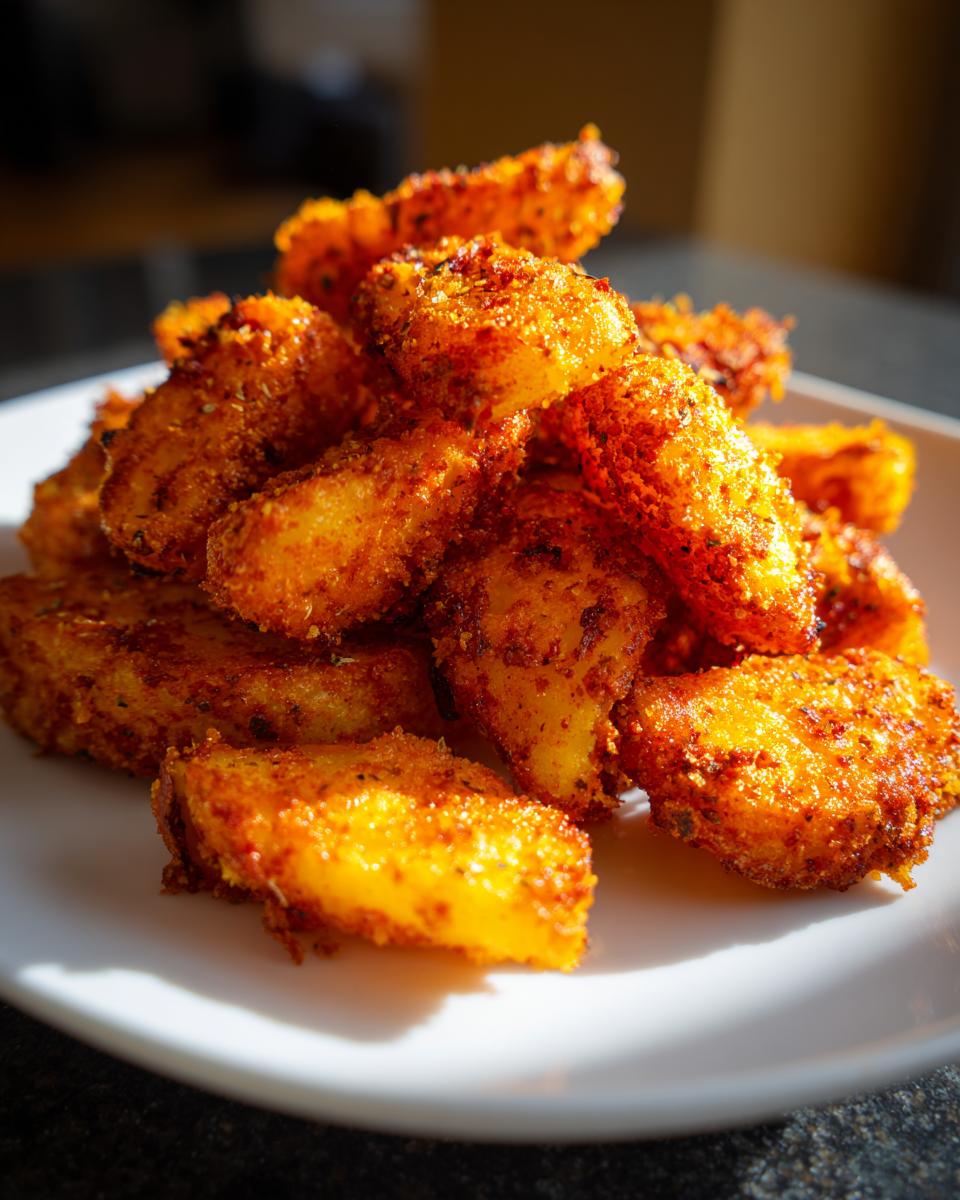 A close-up, sunlit shot of a pile of crispy, golden-brown air fryer potato wedges dusted with seasoning on a white plate.