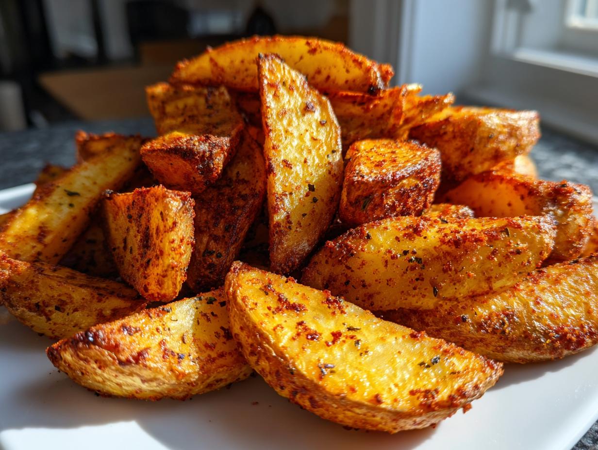 A close-up of a mound of golden brown, seasoned air fryer potato wedges piled high on a white plate.