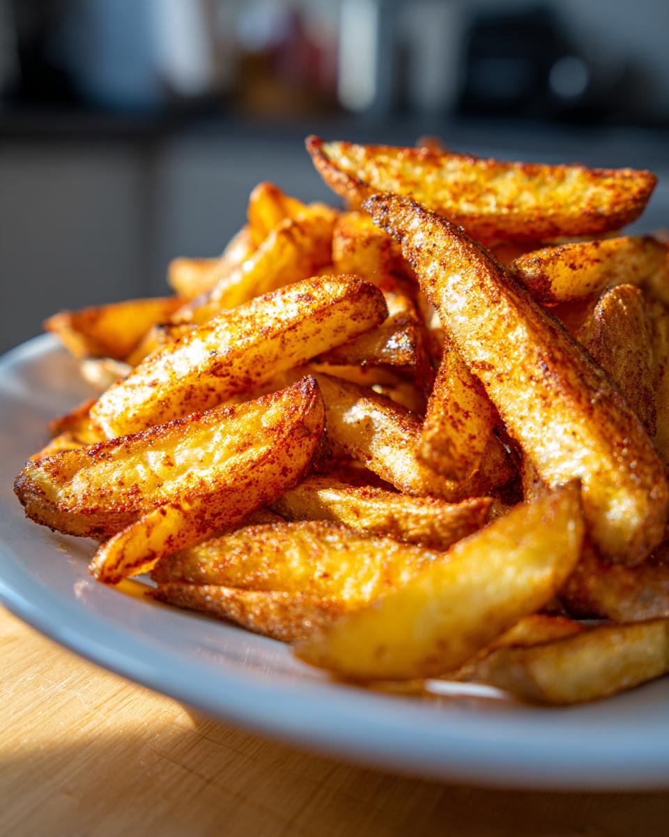 A close-up of a pile of golden, crispy air fryer potato wedges seasoned with paprika, catching the sunlight.