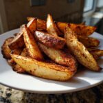 A close-up of a pile of golden brown, seasoned air fryer potato wedges served on a white plate.