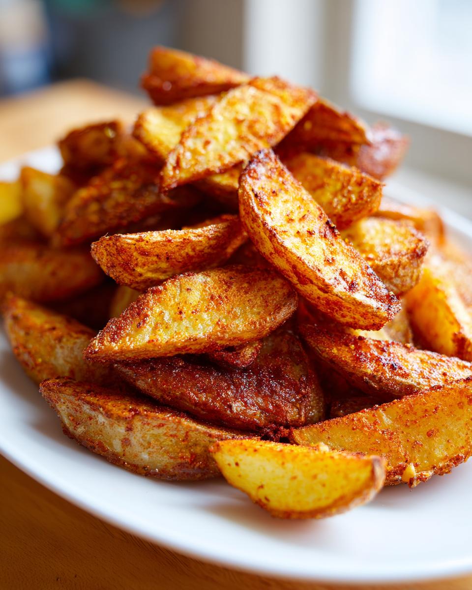 A close-up, appetizing pile of golden brown, seasoned air fryer potato wedges served on a white plate.