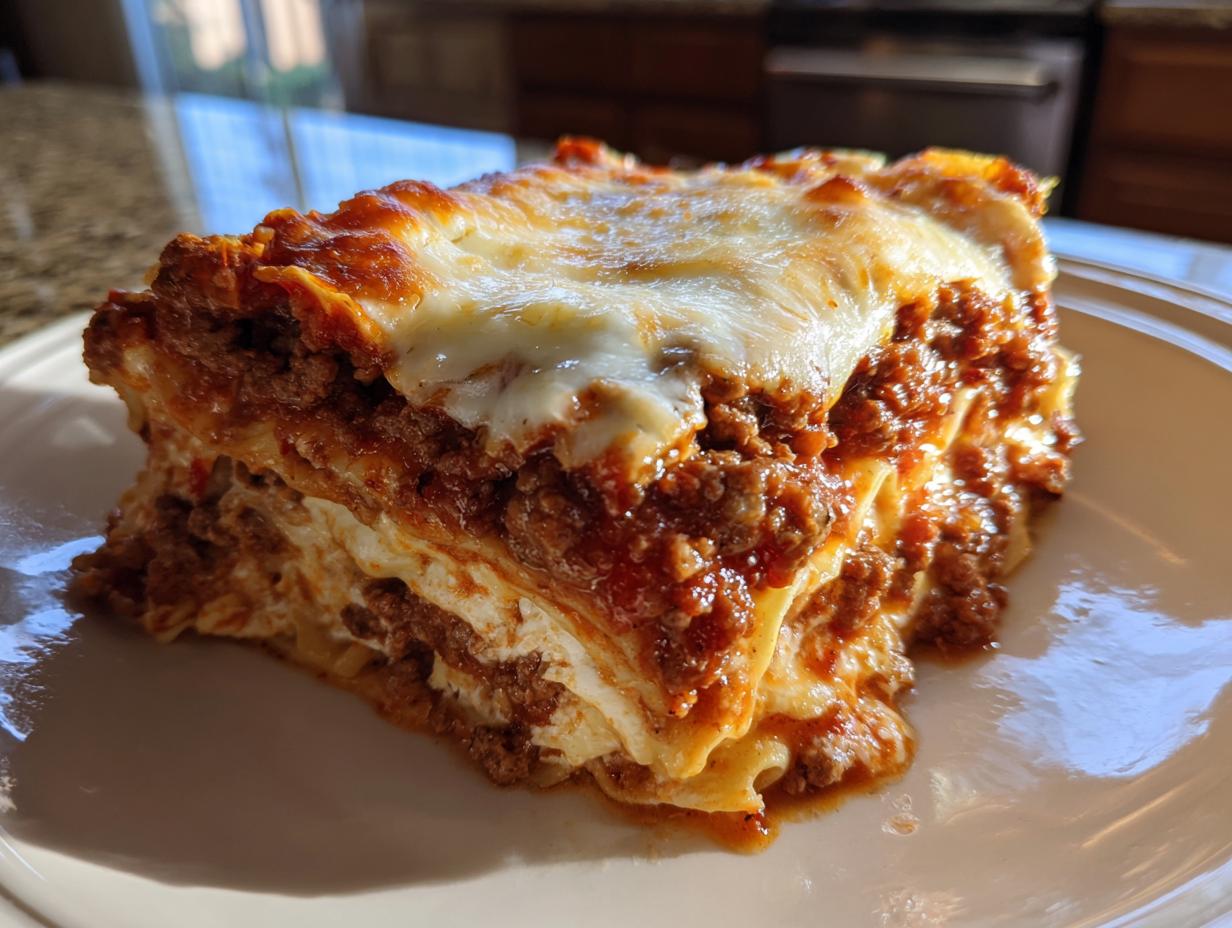 A thick, juicy slice of classic lasagna featuring layers of meat sauce, ricotta, and bubbly melted mozzarella cheese.