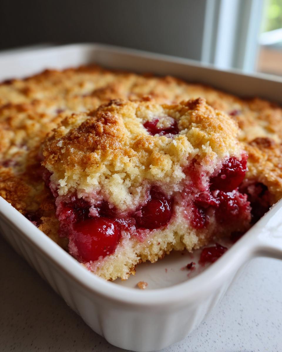 A close-up view of a warm slice of amazing 3 cherry dump cake showing gooey cherry filling and crumbly topping in a white baking dish.