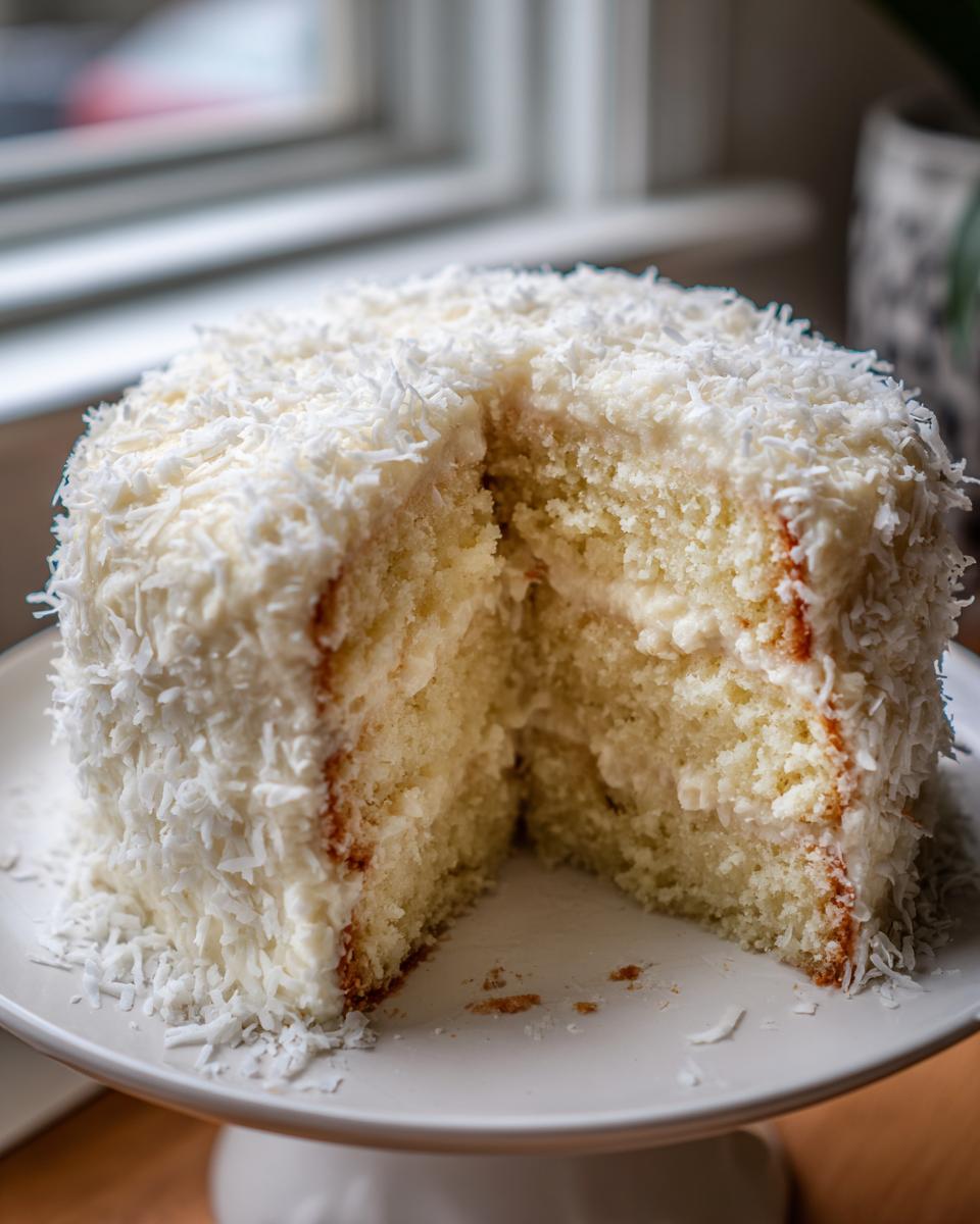 A slice removed from a fluffy white coconut cake covered entirely in shredded coconut.