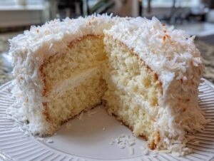 A moist slice cut from a layered coconut cake, generously covered in white frosting and shredded coconut.