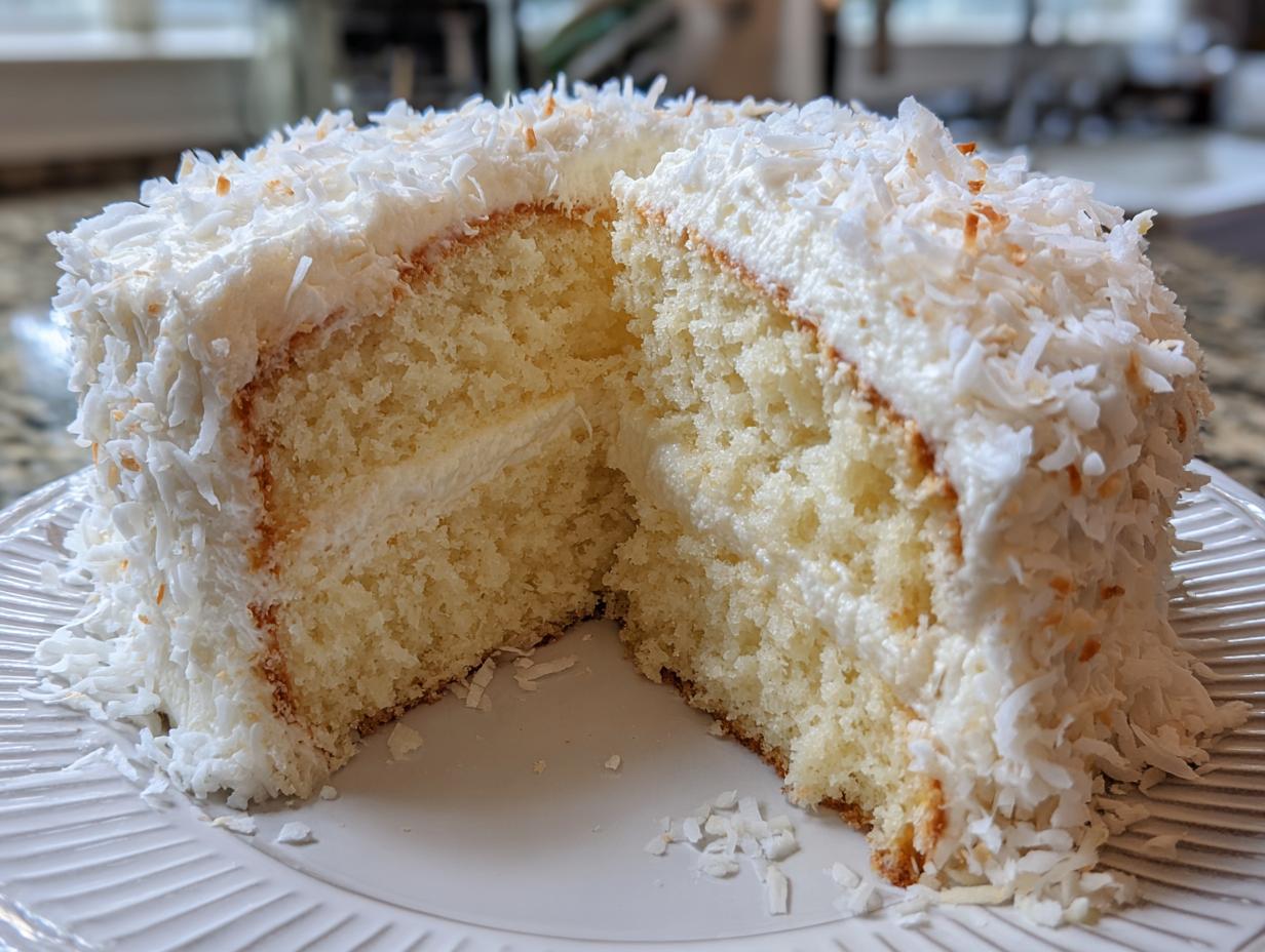 A moist slice cut from a layered coconut cake, generously covered in white frosting and shredded coconut.