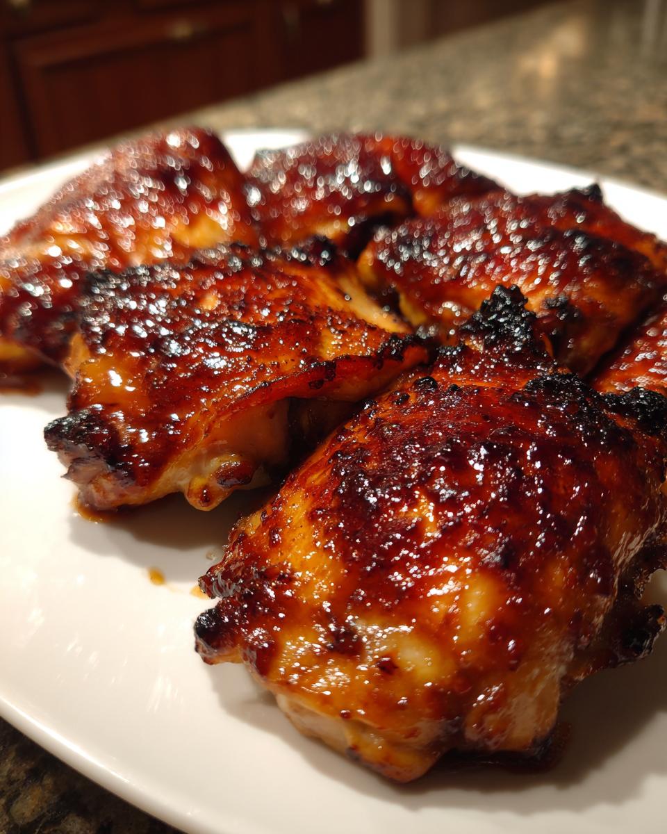 Close-up of several pieces of glossy, caramelized bbq chicken thighs or legs on a white plate.