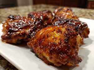 Close-up of several pieces of glistening, glazed bbq chicken thighs or drumsticks on a white plate.
