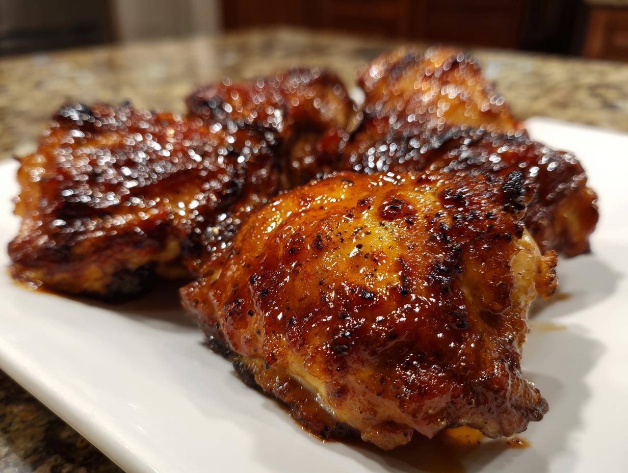 Close-up of several pieces of glistening, glazed bbq chicken thighs or drumsticks on a white plate.