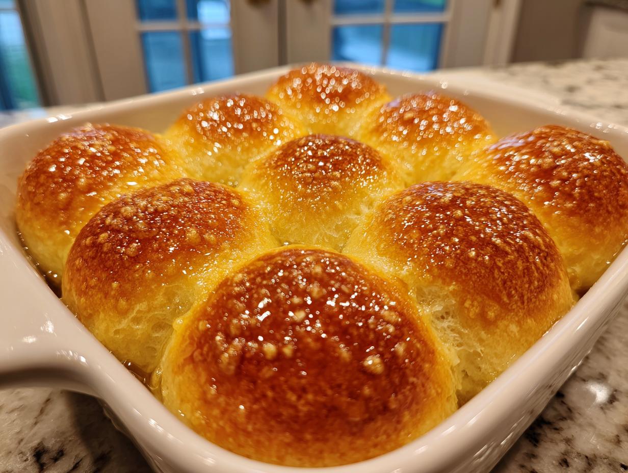 A close-up of freshly baked, golden brown, buttery dinner rolls glistening in a white baking dish.