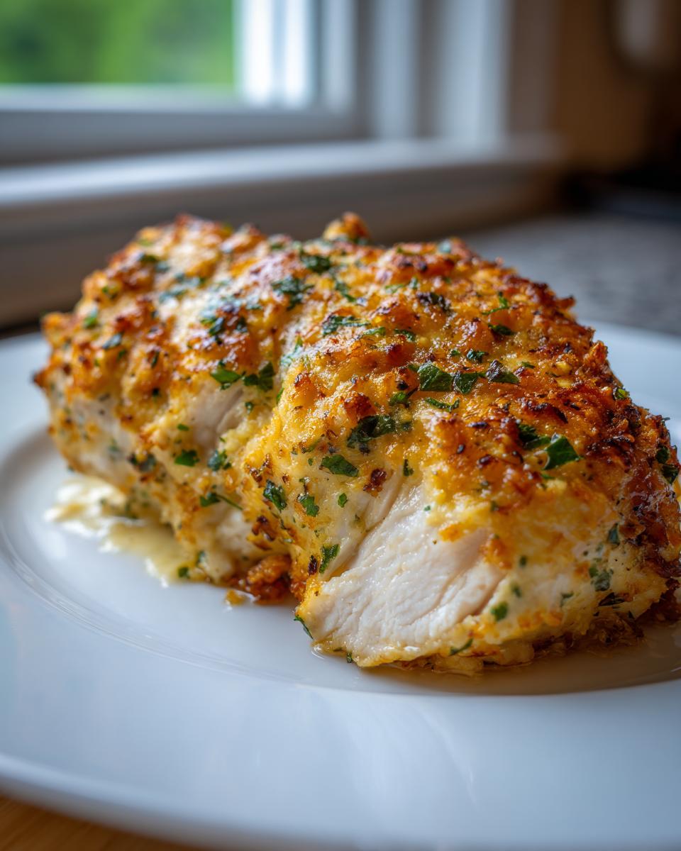 Close-up of a perfectly cooked caesar chicken breast, showing a golden, herbed crust and moist white interior.