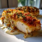 A close-up of a perfectly cooked caesar chicken breast, sliced to show the white meat, creamy sauce, and crispy, golden-brown topping.