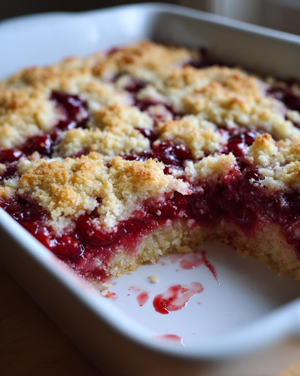 A close-up view of a freshly baked cherry dump cake in a white baking dish, showing the crumb topping and bright red cherry filling.