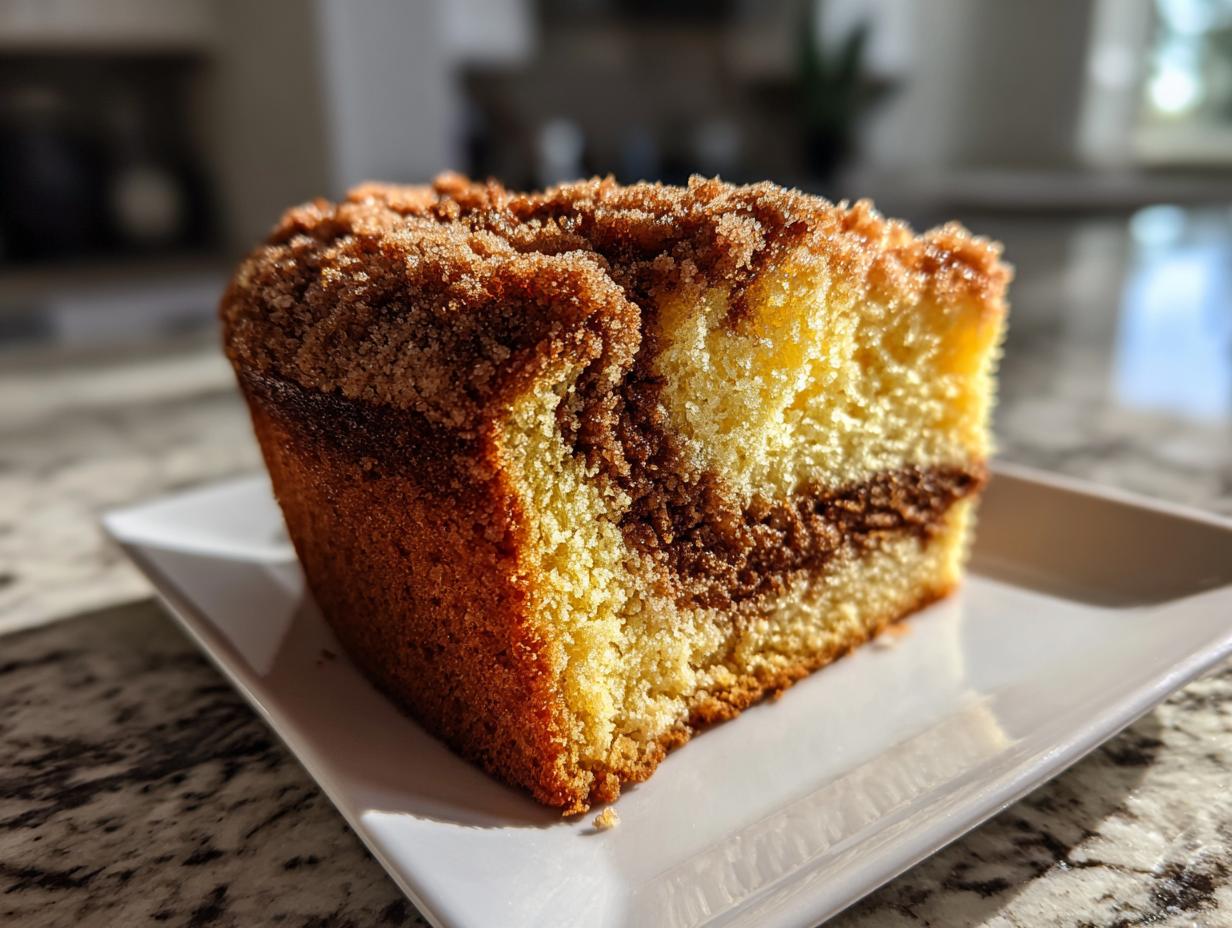 A close-up slice of moist coffee cake featuring a rich cinnamon swirl layer and crumb topping.