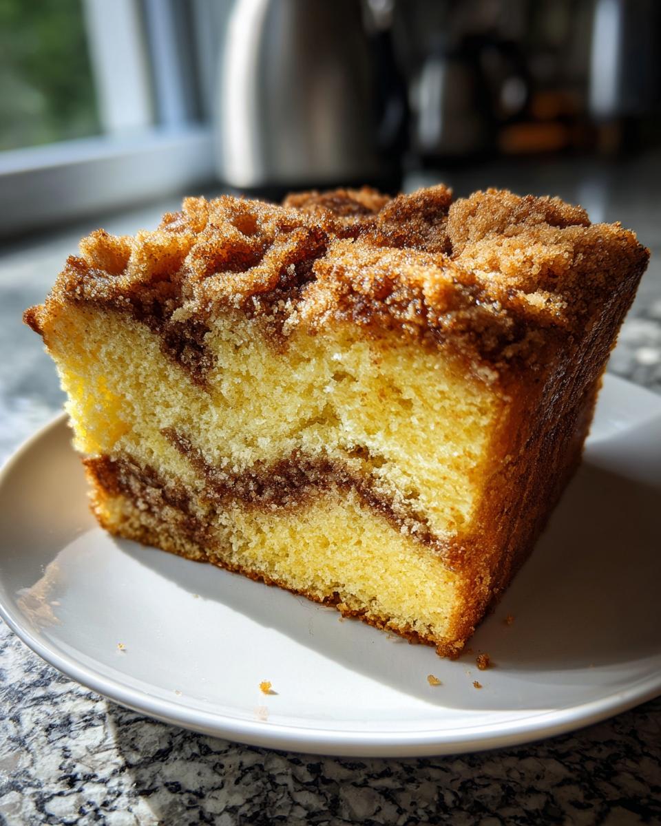 A thick slice of moist coffee cake with a visible cinnamon swirl and crumbly streusel topping, resting on a white plate.