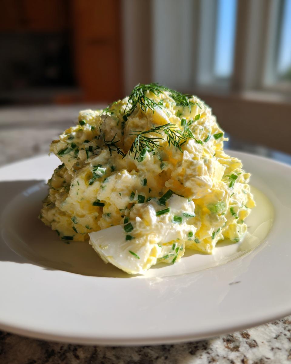 A mound of creamy, yellow egg salad recipe garnished with fresh chopped chives and dill on a white plate.