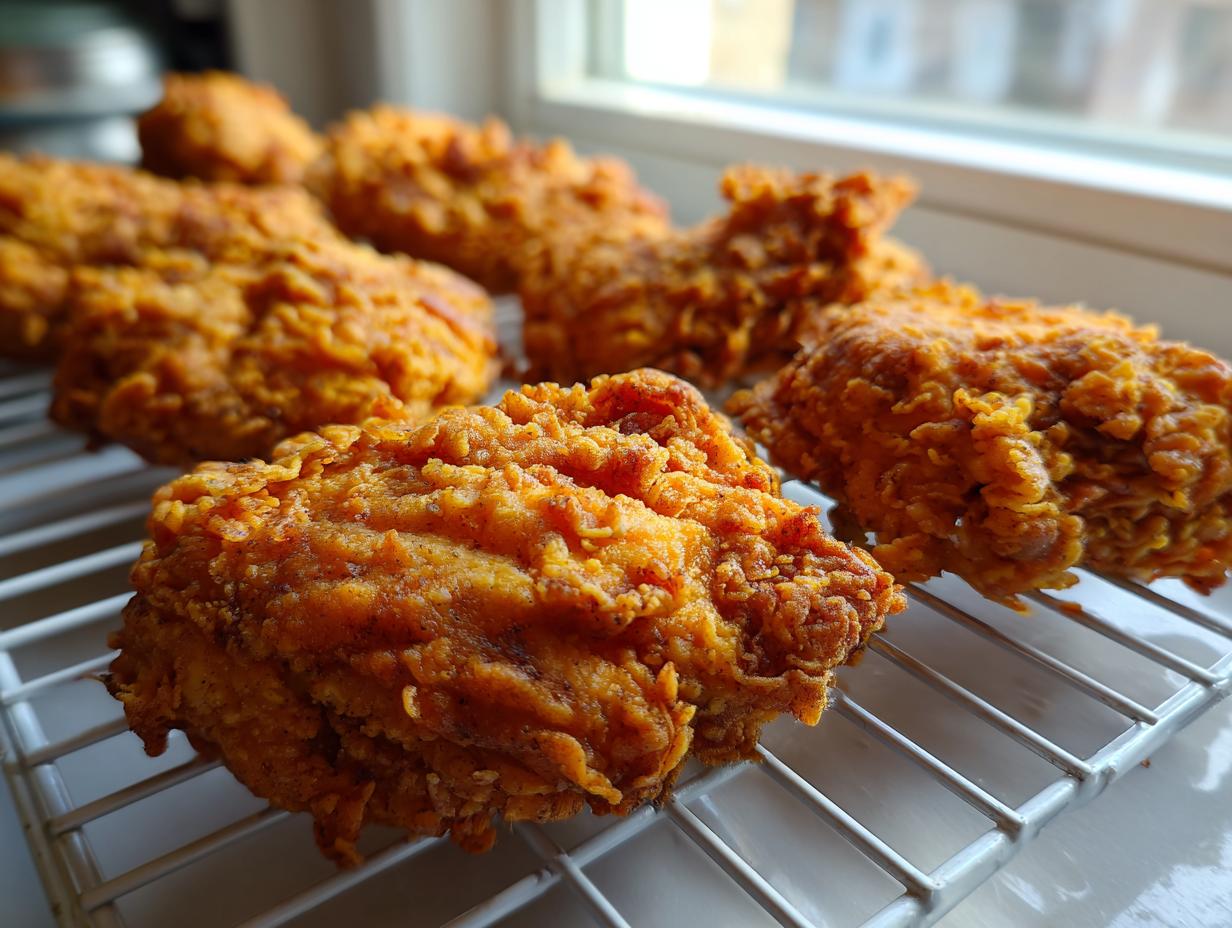 Close-up of several pieces of golden brown, crispy fried chicken resting on a white wire cooling rack.