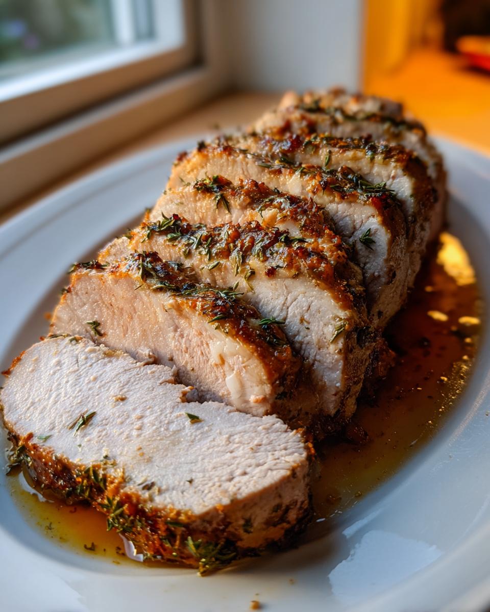 Close-up of a perfectly cooked and sliced pork loin roast resting in its juices, topped with herbs.