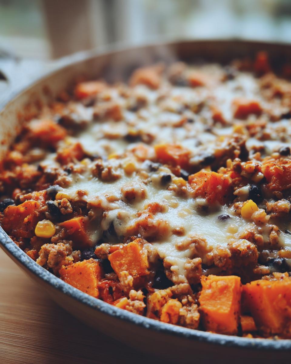 Close-up of a steaming sweet potato skillet filled with ground meat, black beans, corn, and topped with melted white cheese.