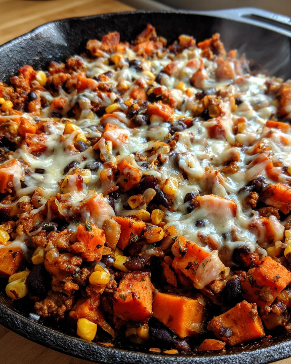 Close-up of a steaming sweet potato skillet topped with melted white cheese, black beans, and corn.