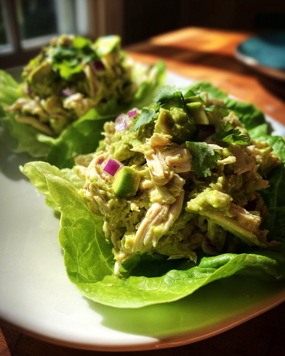 Two servings of creamy avocado chicken salad nestled in bright green lettuce cups, garnished with red onion and cilantro.