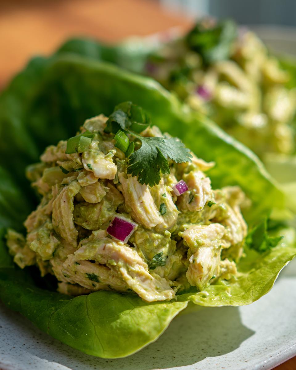 Close-up of creamy avocado chicken salad served in bright green lettuce wraps, garnished with cilantro.