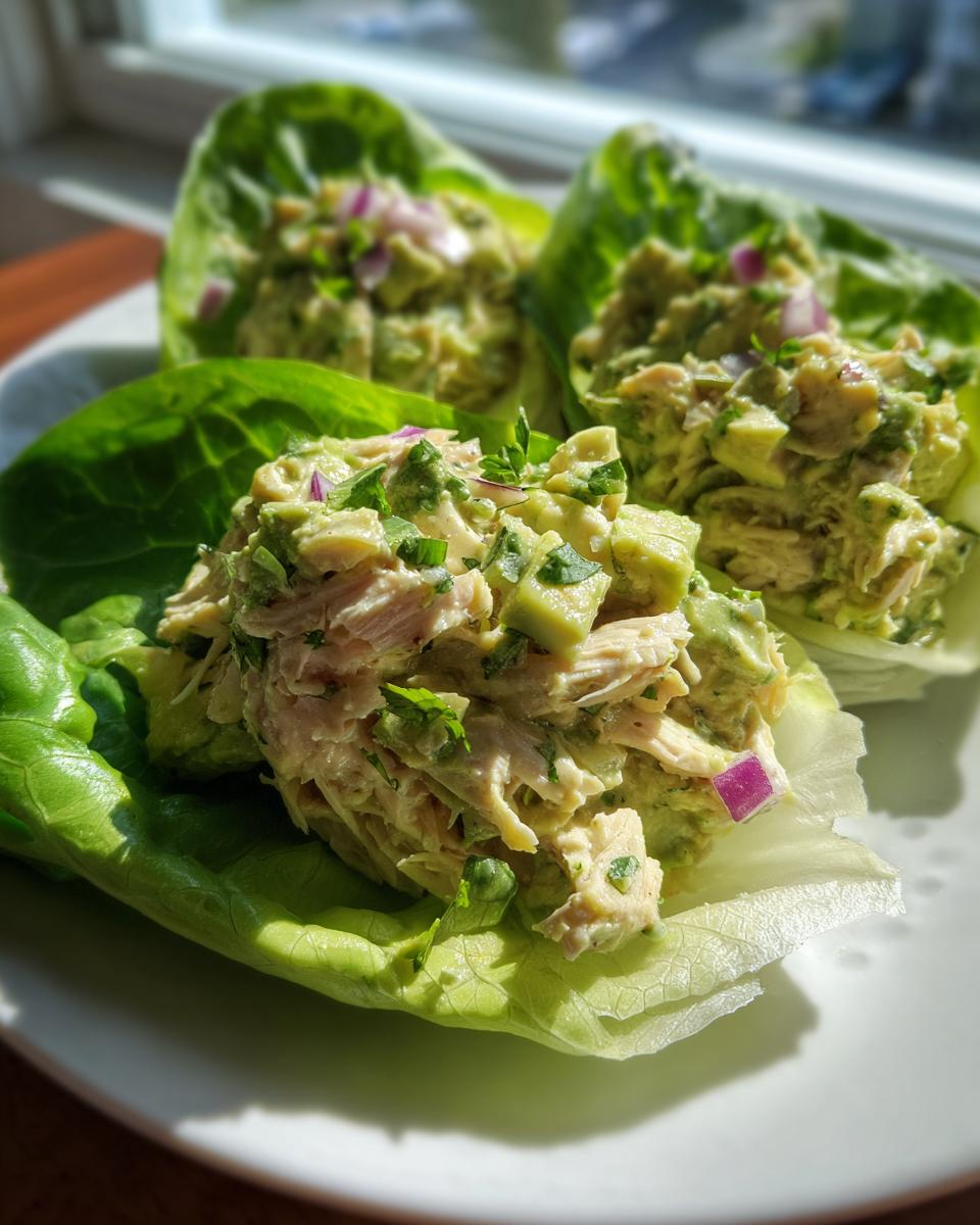 Three servings of creamy avocado chicken salad nestled inside crisp butter lettuce cups on a white plate.