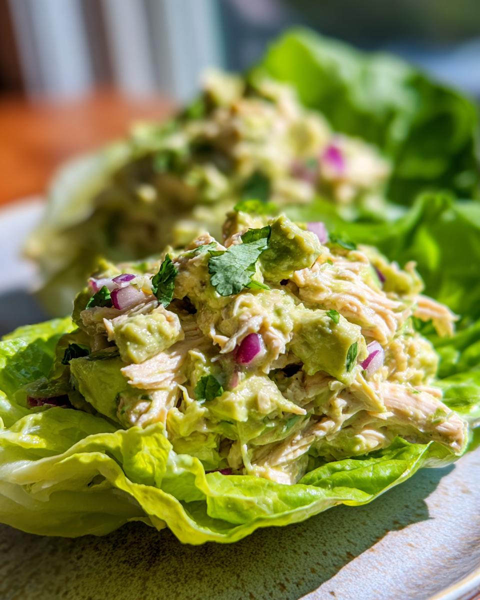 Close-up of creamy avocado chicken salad mixed with red onion and cilantro, served in bright green lettuce cups.